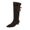 Botas femininas de salto alto até o joelho feitas de camurça de vaca, novo estilo outono e inverno, couro genuíno, bico fino, salto médio, com cadarço, botas de salto bloco, botas retas