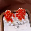 Brincos de Pérola com Franja de Cristal Vermelho Vintage de Segunda Mão, Brincos Modernos e Elegantes com um Toque de Luxo Leve e de Alta Qualidade