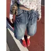 Pantalones capri de mezclilla estilo retro americano talla grande con adornos de diamantes de imitación, unisex, lavados de verano, holgados de pierna ancha, de longitud media, modernos