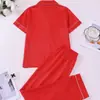 Conjunto de Pijama Casual Cor Vermelho Cetim Estilo Europeu Cardigan Lapela Manga Curta Calça Longa Conjunto de Roupa de Casa Feminina Venda por Atacado