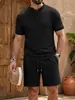Conjunto Casual Masculino Jacquard Texturizado Gola Henley Manga Curta Shorts com Cordão Tamanho Plus Size Respirável Esportivo Conjunto de Duas Peças