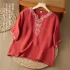 Blusa de algodón y lino bordada estilo étnico, cuello en V, nueva camisa 2026, blusa de verano artística de corte holgado estilo chino con botones