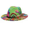Sombrero de Jazz Estilo Europeo y Americano Británico, Fedora de Lana con Graffiti de Colores y Cinta, Sombrero de Ala Ancha para Hombres y Mujeres, Sombrero Versátil de Ala Ancha