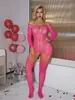Lingerie Sensual Roxo Estampado com Alças e Abertura na Virilha Bodysuit de Malha Sexy de Manga Longa Apertado Europeu e Americano Comércio Exterior Bandeau w878