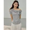 [Songming] Camiseta de Verano Nueva de Color Sólido Simple Estilo Coreano sin Hombros para el Viaje Diario Top para Mujer Bn149