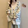 Cardigan de Tricô Coreano Solto Versátil Novo Outono e Inverno com Bordo Azul Elegante Slimming Look Jaqueta Suéter de Alta Qualidade para Mulheres