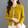 Suéter de tricô estilo coreano 2026, nova coleção primavera/outono, cardigã curto feminino estiloso com gola, top casual liso