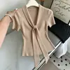 Suéter de punto de manga corta con cuello en V y lazo de cinta para mujer, verano, seda de hielo, acanalado, adelgazante, cintura corta, versátil, para el trabajo