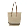 Bolso de Mano Tejido de Paja Beige con Rayas Negras Finas, Asa de PU, Gran Capacidad, Bolso de Hombro para Playa de Verano