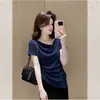 Camiseta de Manga Corta Ruched con Bordado y Dobladillo Irregular de Moda para Mujer Estilo Nuevo Verano 2026
