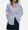 Camisa de Lino Rayada, Estilo Old Money, Camisa Casual Bordada con Protección Solar, Top de Manga Larga, Chaqueta Holgada