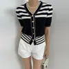 Cardigã de malha curto de verão estilo coreano, gola V, de abotoamento simples, slim fit, para mulheres