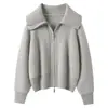 Cardigã de Malha Cashmere Feminino Bordado em Toalha Lapela Grande Outono Inverno Novo Design Espessado Zíper Duplo Casaco Suéter
