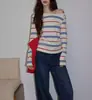 Suéter Gola Diagonal Listrado Off-White Ombro a Ombro para Mulheres 2026 Primavera Estiloso Casual Slim-Fit Manga Longa
