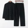 Traje Tang de lino y algodón para hombre, traje chino de manga larga con hebilla retro, traje de Tai Chi chino holgado para hombres de mediana edad y mayores.