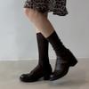 Versão Couro de Vaca ~ Mocassins de Bico Redondo com Fivela de Cinto Estilo Britânico Retrô Salto Grosso Sapatos de Couro Pequenos Versátil Slip-On