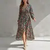Vestido feminino de outono 2026, moda transfronteiriça europeia e americana, manga lanterna, acinturado, estampado, vestido de temperamento elegante