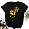 Camiseta Casual de Algodón Linda con Estampado de Girasol y Mariposa Cómoda para Mujer Top Negro Camiseta Gráfica