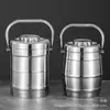 Olla tambor aislada de doble capa de acero inoxidable, cubo de arroz aislado de gran capacidad con rejilla y tapa, lonchera tipo recta para uso doméstico