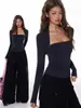 Design justo de cor sólida senso de estilo top de camada base top com decote quadrado top de uso externo feminino estação outono e inverno acinturado justo modelador de corpo manga longa roupa íntima