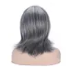 Pelucas de Estilo Europeo y Americano para Mujer, Cabello de Longitud Media con Raya Lateral y Flequillo Diagonal, Mechas Negras y Grises, Mechas Ligeramente Rizadas, Peluca de Fibra de Alta Temperatura