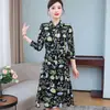Vestido floral de manga comprida plus size para primavera e outono novo vestido feminino com cintura vestido floral peça externa