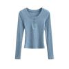 Suéter de punto de manga larga ajustado sencillo de color sólido para mujer con cuello redondo y hebilla semiabierta para uso exterior, top tipo jersey interior