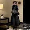 Saia de Lã Cinza Escuro para Mulheres, Novo Estilo Outono/Inverno 2025, Cintura Alta, Forrada com Lã, Corte A, Comprimento Médio, Saia Pétala para Figuras Baixas