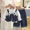 Ropa Infantil para Niñas, Conjunto de Estilo Hada para Primavera y Otoño, Conjunto de Chaleco de Mezclilla con Cuello Solapa, Combinado con Pantalones Largos de Estampado Completo con Lentejuelas y Moño