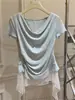 Camiseta de Cuello Alto con Retazos de Encaje Sencillos Estilo Coreano para Mujer, Artículo Caliente de Verano con Dobladillo Asimétrico Único, Hermoso Top