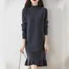 Vestido de tricô feminino para outono e inverno, gola alta, espesso, quente, barra de renda, cor sólida, saia lápis justa de comprimento médio