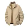 Jaqueta masculina em estoque para primavera e outono, gola alta, estilo workwear, espessada, cor sólida, corte solto, à prova de vento, para homens de meia-idade e jovens, vestuário esportivo externo