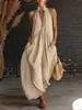 2026 Verão Europeu e Americano Comércio Exterior Vestido Longo de Férias Feminino Sem Mangas Gola Alta Cor Sólida Elegante Vestido de Algodão e Linho com Gola Alta