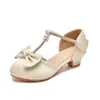 Sapatos de Princesa para Meninas, Sapatos de Couro Branco com Pérolas e Strass, Salto Alto, Laço, Sandálias Fechadas Infantis