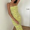 Amazon Transfronterizo Sexy Cintura Alta Estampado Moda Cordones Abertura Estilo Europeo y Americano Vestido Sling PG3147