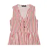 Moda Feminina Europeia e Americana Transfronteiriça Aliexpress Venda Quente Elegante Top Listrado sem Mangas com Decote V e Detalhes de Nó