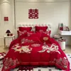 Conjunto de quatro peças para casamento, 100% algodão, vermelho vivo, para camas de noivos, incluindo lençóis e fronhas de edredom, alta qualidade, algodão puro, perfeito para o quarto de recém-casados