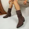 Botas de caña alta retro de terciopelo de nueva llegada transfronterizas para mujer, tacón grueso, altura media, estilizan, versátiles, botas de montar, talla grande, zapatos de mujer de comercio exterior