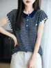 Top Artístico de Bambú y Lino con Cuello Polo Botones Rayas Manga Corta Holgado Transpirable Adelgazante para Mujer