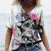 Outlet de Fábrica Camiseta Feminina de Manga Curta com Caveira Camisa Casual, Camiseta Feminina Gola V, Nova Moda