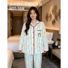 Pijama de Manga Larga con Borde de Color Contrastante para Mujer, Primavera y Otoño, Cardigan con Solapa, Algodón Nube, Doble Estampado Largo, Ropa de Casa, Conjunto de Dos Piezas