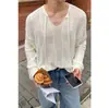 Tricô Respirável com Renda Vazada Estilo Coreano, Decote em V para Homens e Mulheres, Camiseta de Manga Longa de Luxo Leve Europeia e Americana, Tops Casal