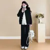 Ropa de maternidad otoño e invierno conjunto de punto de dos piezas estilo coreano con bloques de color cárdigan ribeteado pantalones de pierna ancha conjunto ajustado que cubre el abdomen para usar como abrigo