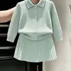 Conjunto de punto para niña estilo coreano, nuevo para otoño e invierno 2026, color verde menta, suéter con cuello polo trenzado y falda para bebé