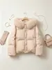 Chaqueta corta de plumón con capucha ribeteada de piel de zorro para mujer, talla petite, estilo coreano, corte holgado, engrosada para abrigar, prenda de abrigo de invierno