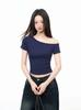Camiseta azul oscuro de manga corta con hombros descubiertos de las Spice Girls, ajustada, de verano, para mujer, ajustada, corta, elegante, con hombros descubiertos.