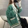Outono e inverno novo estilo coreano solto casual blusa casaco de tricô color block, cardigã de tricô versátil da moda para mulheres