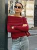 Rojo Angola Escote de Una Línea Hombros Descubiertos Tejido Otoño e Invierno 2026 Moda Europea y Americana Versátil Camiseta de Manga Larga Suéter Ropa para Mujer