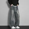 Jeans estilo americano de perna reta com forro de fleece para homens, calça grossa para outono e inverno, marca de moda unissex high street, corte solto, tamanho grande