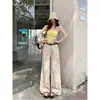Jeans holgados florales tie-dye amarillos para mujer, nuevo estilo verano 2025, pantalones casuales de pierna ancha retro de cintura alta hasta el suelo